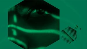 Image of two green hexagons, the larger one with a photo of a closeup of an face and one eye with strips of light as if viewing through a window with horizontal blinds